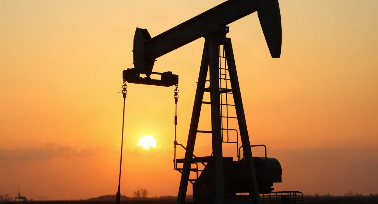 WTI crude oil pumpjack at sunset representing oil market analysis