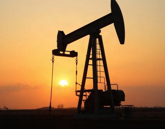 WTI crude oil pumpjack at sunset representing oil market analysis