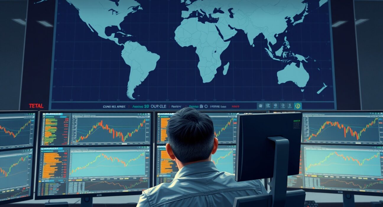 Trader analyzing WTI crude oil price charts with 20-day EMA amid Middle East conflict market data