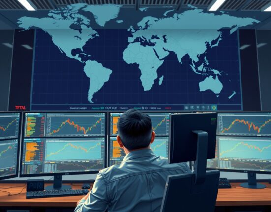 Trader analyzing WTI crude oil price charts with 20-day EMA amid Middle East conflict market data