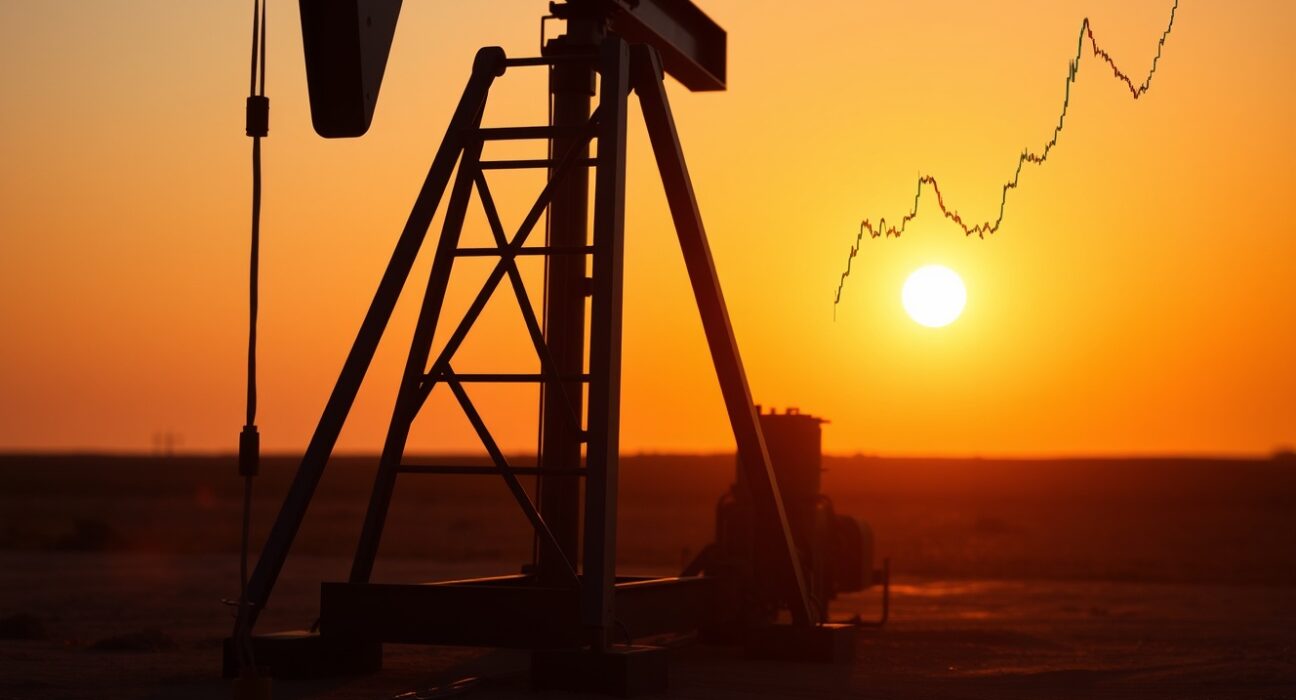Oil pumpjack silhouette with chart line showing 20-day EMA resistance level at sunset