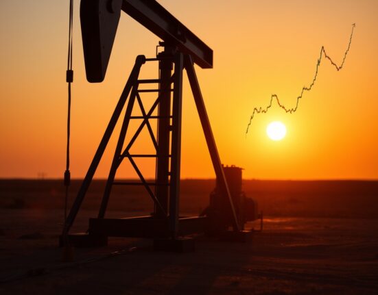 Oil pumpjack silhouette with chart line showing 20-day EMA resistance level at sunset