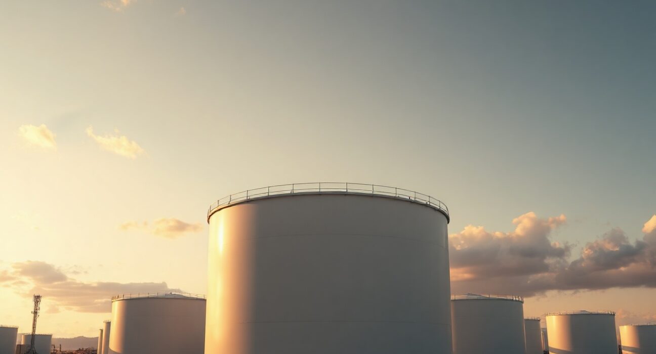 Aerial view of a crude oil storage facility with large white tanks under a cloudy sky.