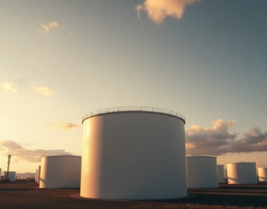 Aerial view of a crude oil storage facility with large white tanks under a cloudy sky.