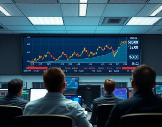WTI crude oil price chart analysis on trading floor display showing key $82.00 level and 200-hour moving average.