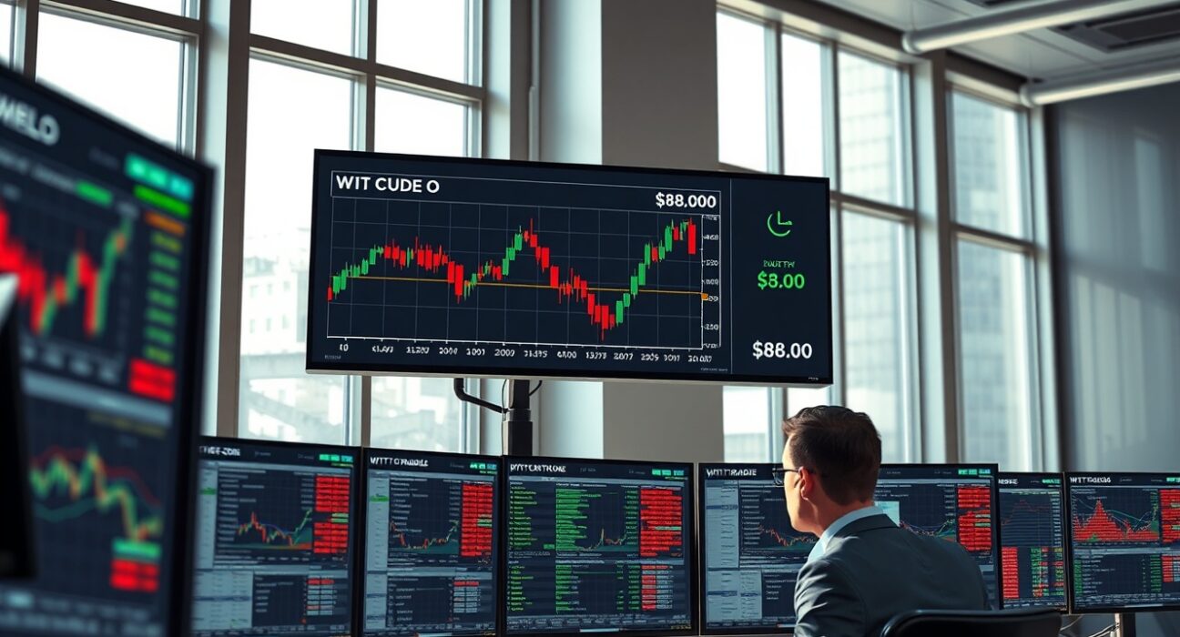 WTI crude oil price forecast analysis showing technical breakdown on trading floor monitors
