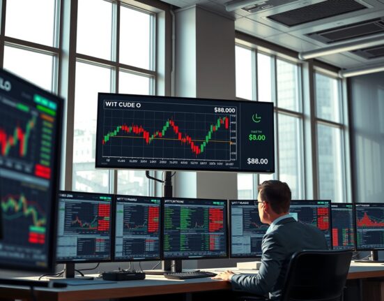 WTI crude oil price forecast analysis showing technical breakdown on trading floor monitors
