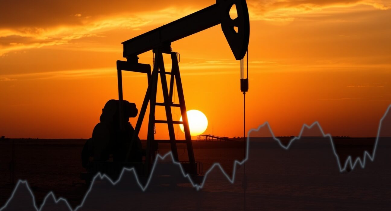Oil pumpjack silhouette with financial chart overlay at sunset representing WTI crude oil technical analysis.