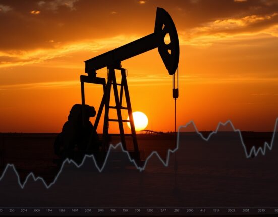 Oil pumpjack silhouette with financial chart overlay at sunset representing WTI crude oil technical analysis.