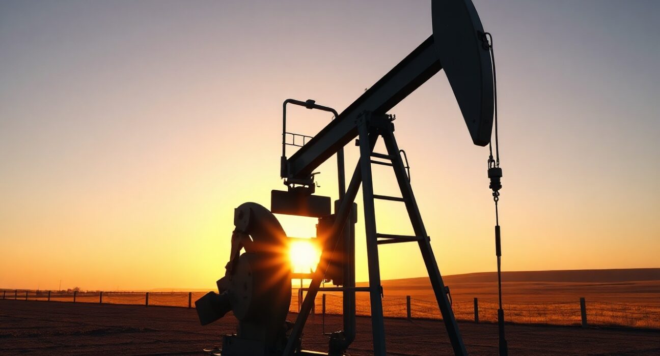 Oil pumpjack silhouette at sunset representing WTI crude oil price levels