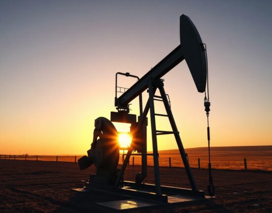 Oil pumpjack silhouette at sunset representing WTI crude oil price levels