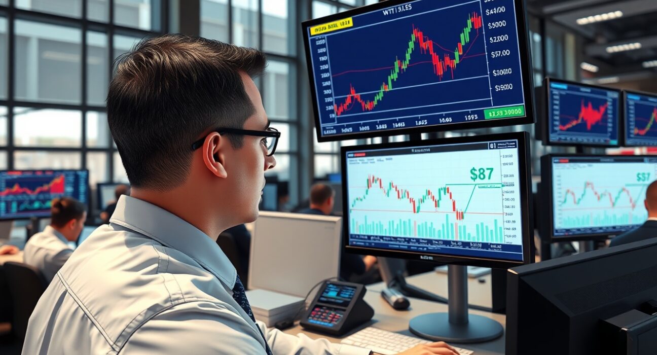 Professional analysis of WTI crude oil price charts showing resistance at $87 and 200-SMA technical indicator.