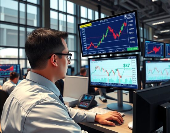 Professional analysis of WTI crude oil price charts showing resistance at $87 and 200-SMA technical indicator.
