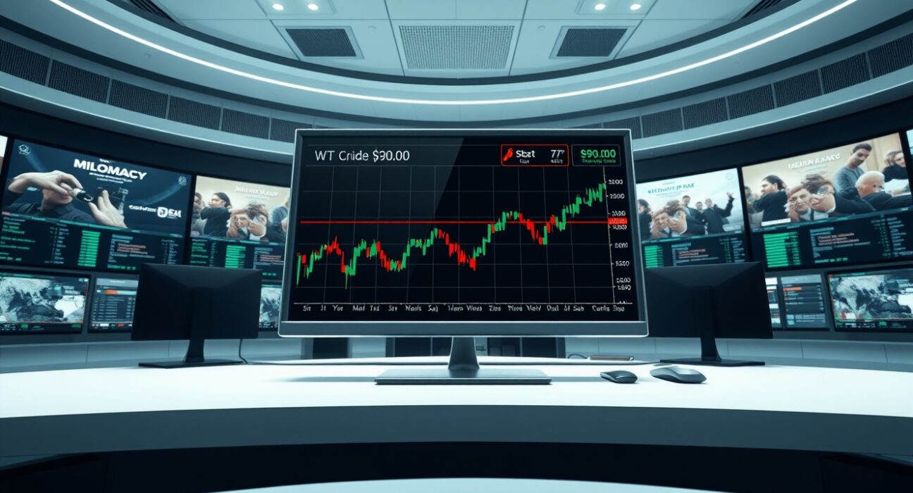 WTI crude oil price chart holding key $90 support level on a trading terminal amid geopolitical news.