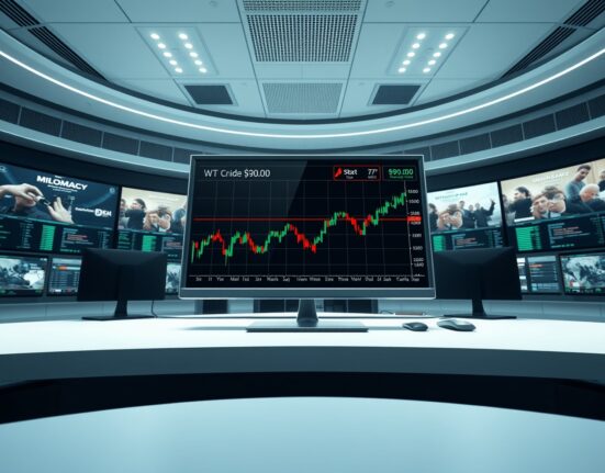 WTI crude oil price chart holding key $90 support level on a trading terminal amid geopolitical news.