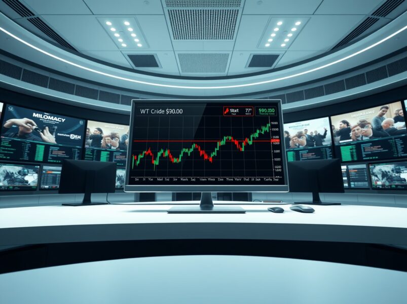 WTI crude oil price chart holding key $90 support level on a trading terminal amid geopolitical news.