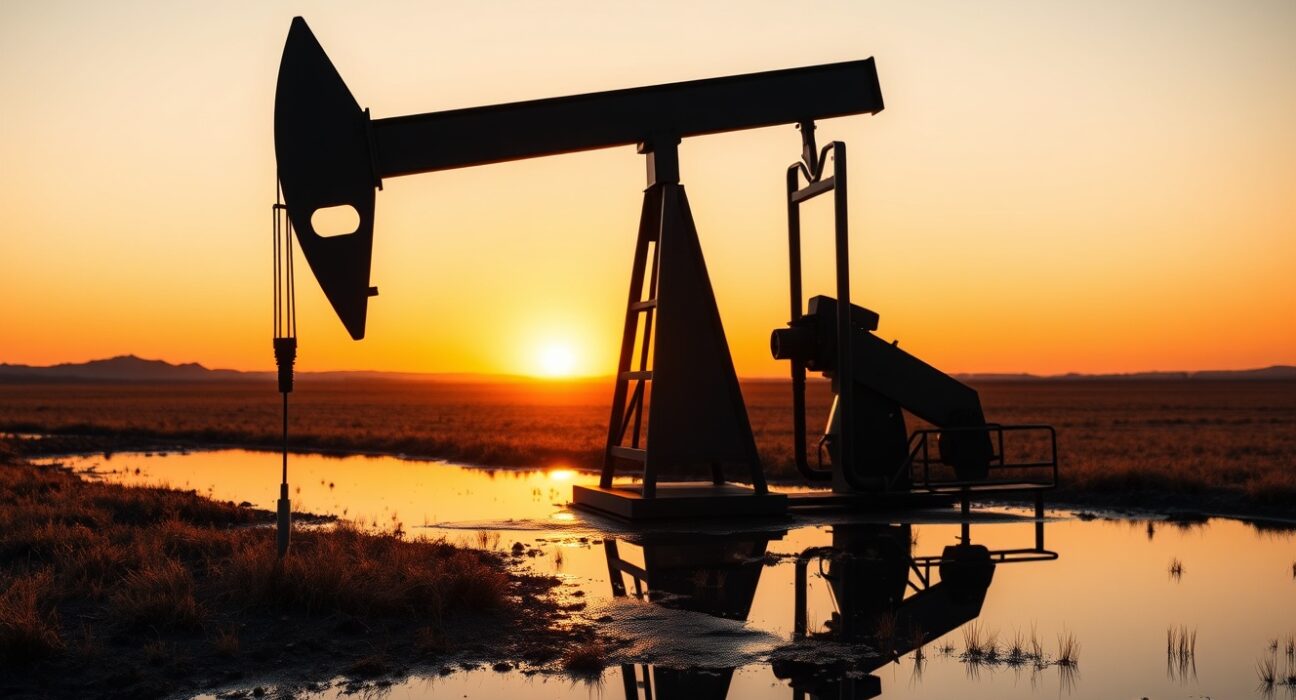 Crude oil pumpjack silhouette at sunset with price chart reflection in foreground
