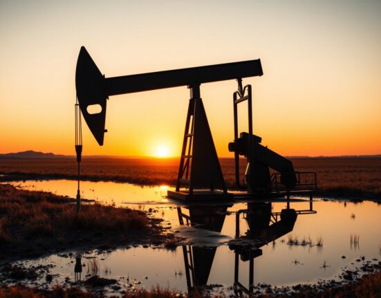 Crude oil pumpjack silhouette at sunset with price chart reflection in foreground