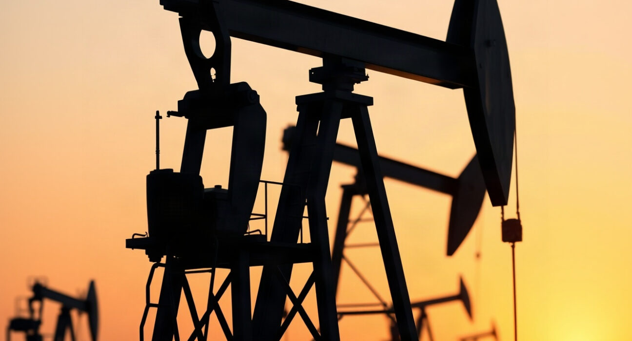 Crude oil pumpjack silhouette at sunset representing WTI oil market conditions