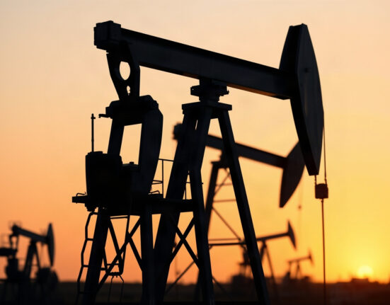Crude oil pumpjack silhouette at sunset representing WTI oil market conditions