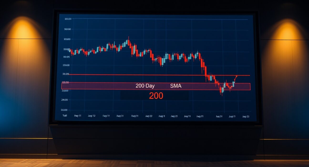 WTI crude oil futures candlestick chart showing bearish trend and 200-day SMA indicator