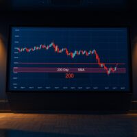 WTI crude oil futures candlestick chart showing bearish trend and 200-day SMA indicator
