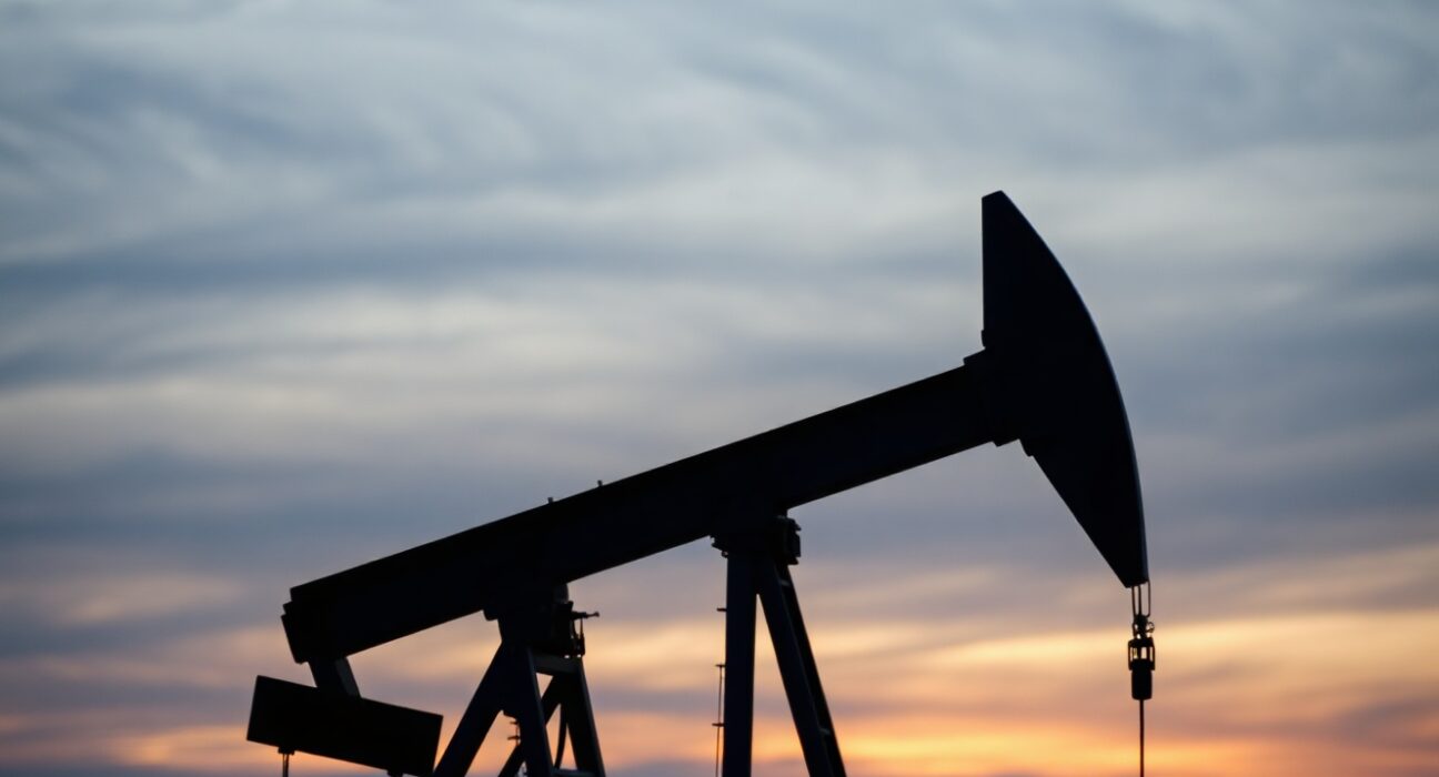 WTI crude oil pumpjack silhouette at dusk with bearish market outlook