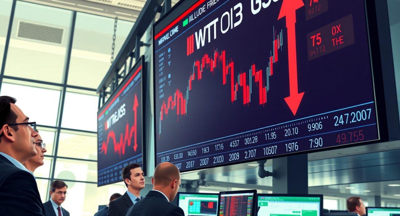 WTI crude oil price correction analysis on trading floor displays showing market volatility
