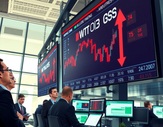WTI crude oil price correction analysis on trading floor displays showing market volatility