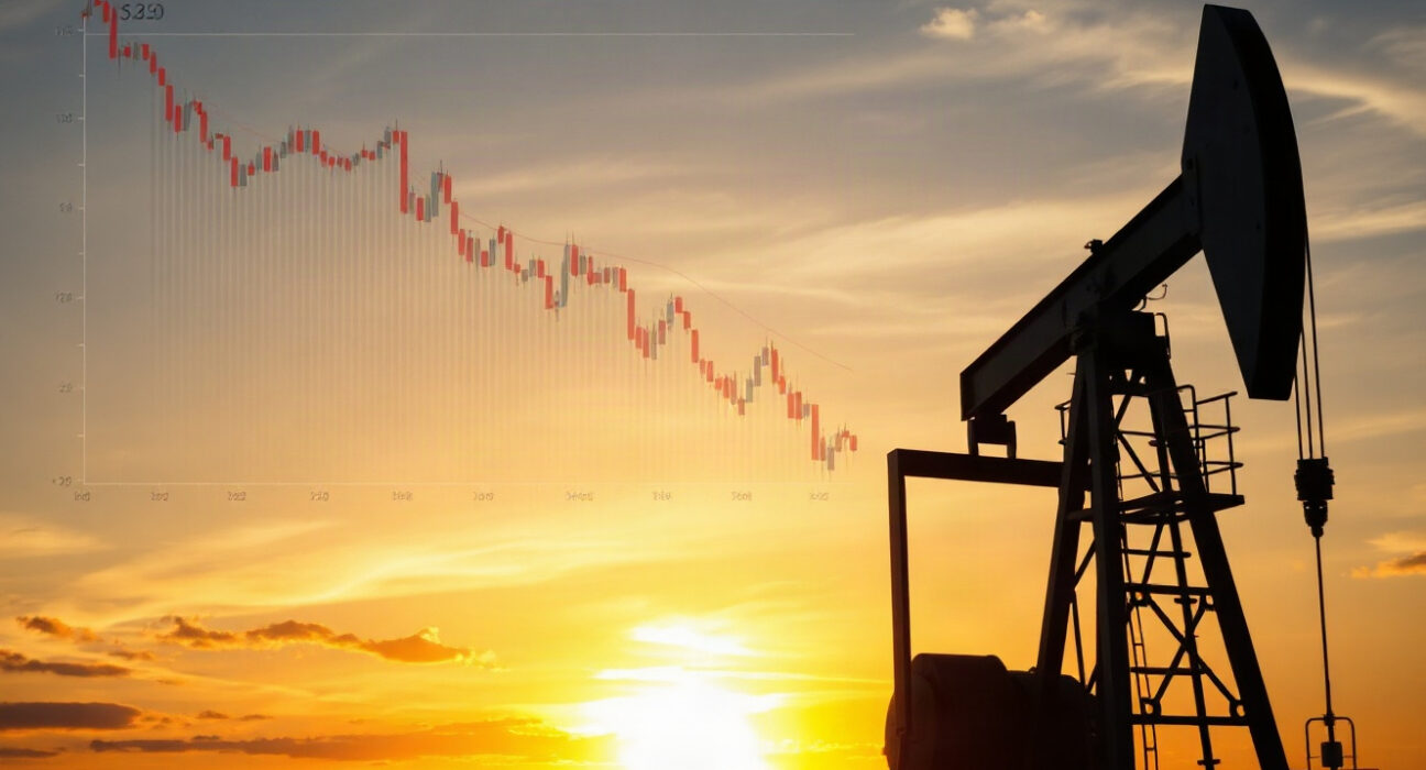 Oil pumpjack with a digital price chart overlay at sunset, symbolizing WTI crude oil technical analysis.