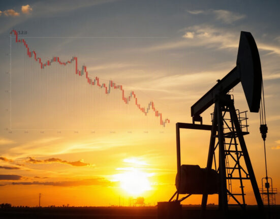 Oil pumpjack with a digital price chart overlay at sunset, symbolizing WTI crude oil technical analysis.