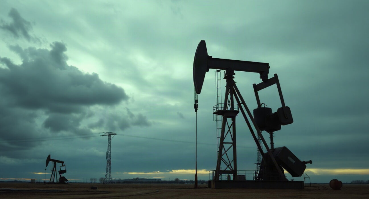 Oil pumpjack silhouetted against an overcast sky, representing WTI crude oil price analysis.