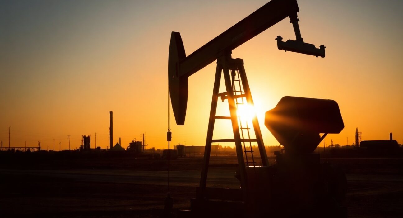 Crude oil pumpjack silhouetted against sunset sky representing WTI price movements and energy market analysis