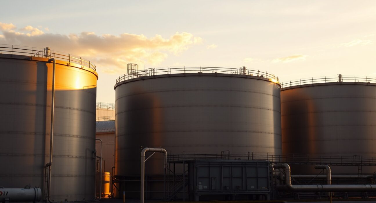 Aerial view of oil storage tanks at sunset for WTI crude oil price analysis article