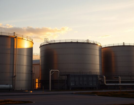 Aerial view of oil storage tanks at sunset for WTI crude oil price analysis article