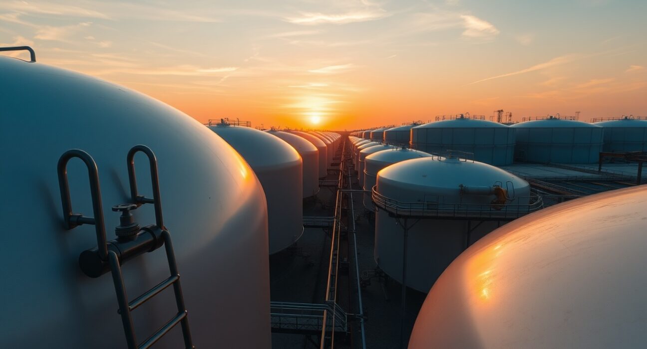 Aerial view of large crude oil storage tanks at an industrial facility during sunset