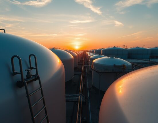Aerial view of large crude oil storage tanks at an industrial facility during sunset