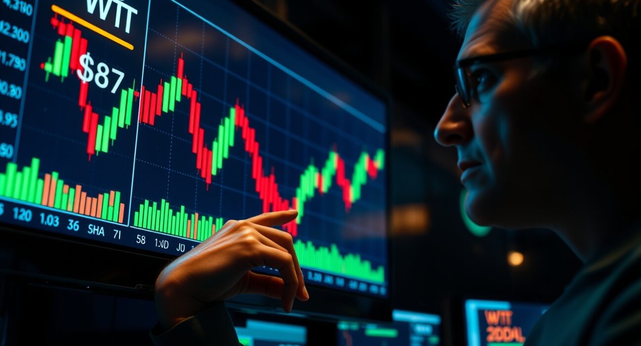 Trader pointing at WTI crude oil chart approaching $67 support level