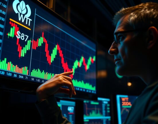 Trader pointing at WTI crude oil chart approaching $67 support level