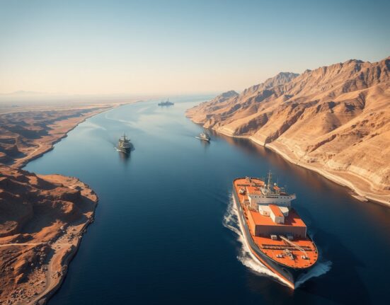 Strategic Strait of Hormuz oil shipping channel during geopolitical tensions affecting WTI crude prices.