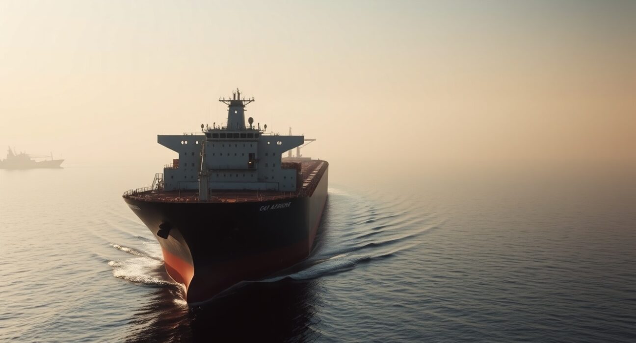 Oil tanker navigating the Strait of Hormuz under hazy sky, representing geopolitical supply risk