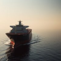 Oil tanker navigating the Strait of Hormuz under hazy sky, representing geopolitical supply risk