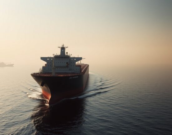 Oil tanker navigating the Strait of Hormuz under hazy sky, representing geopolitical supply risk