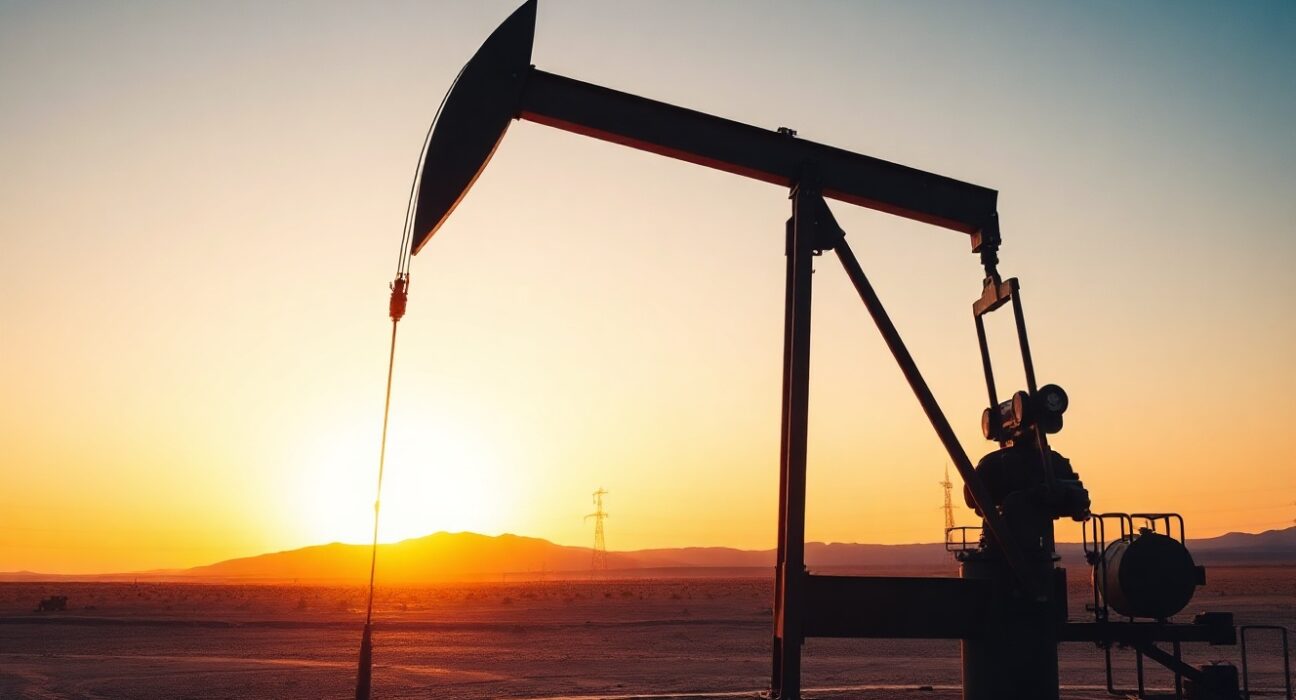 Crude oil pumpjack silhouetted at sunset in desert oil field, representing WTI supply dynamics