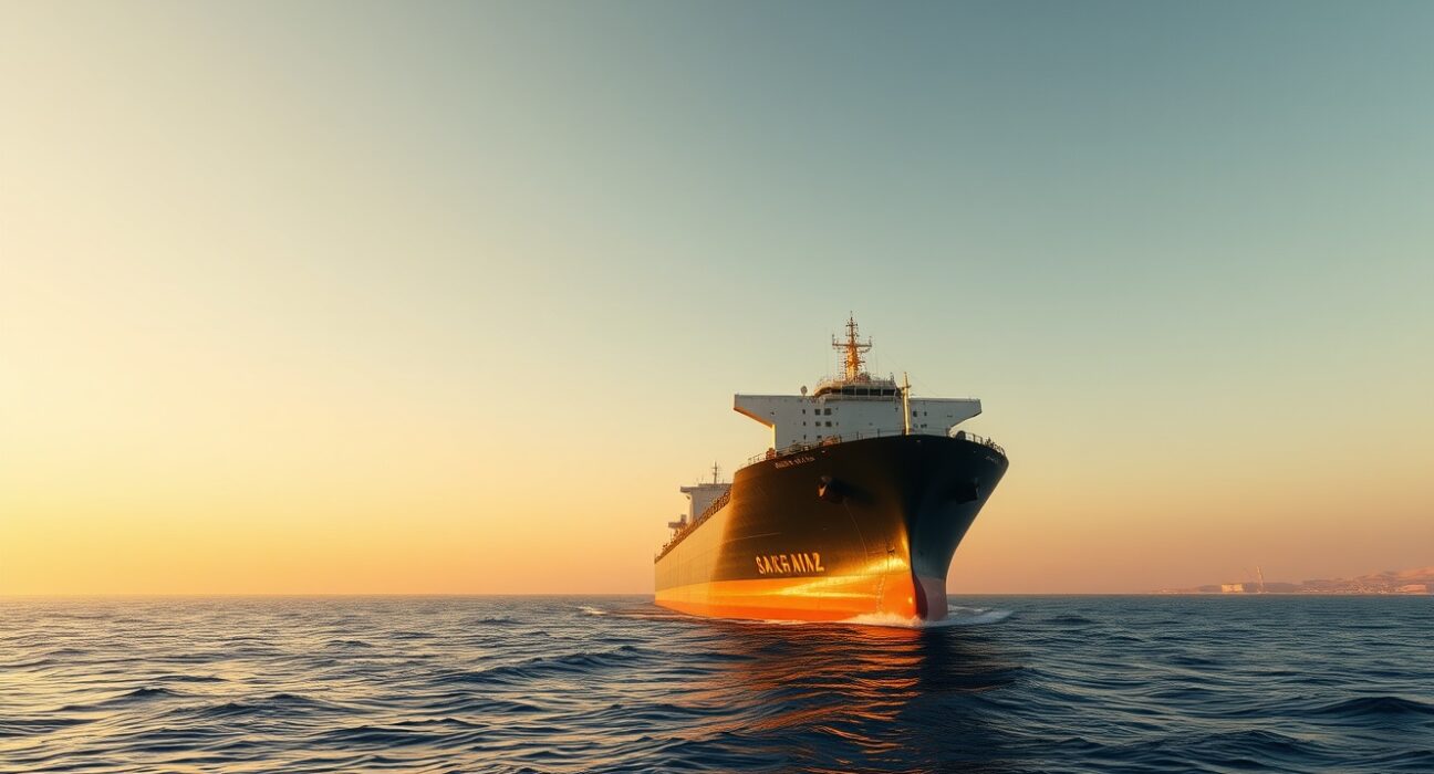Oil tanker sailing through the Strait of Hormuz at sunrise, representing crude oil supply risks.