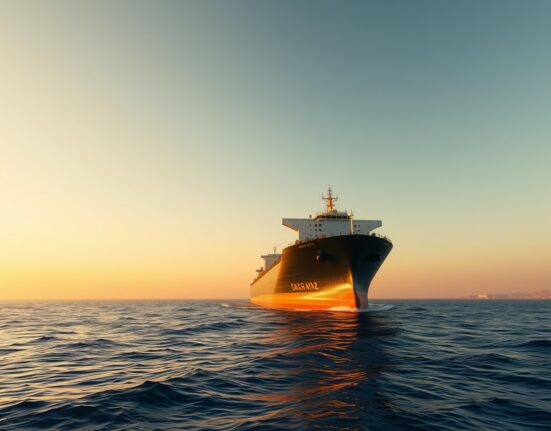 Oil tanker sailing through the Strait of Hormuz at sunrise, representing crude oil supply risks.