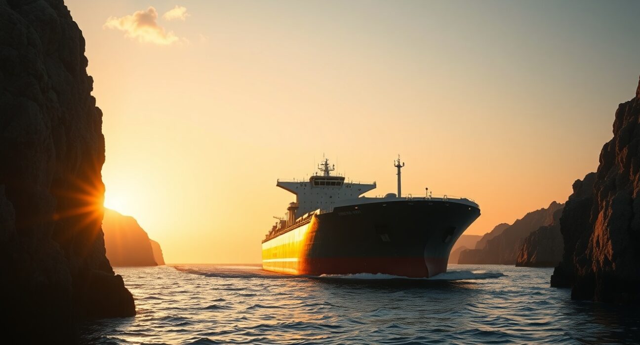 Oil tanker navigating the Strait of Hormuz at sunset, representing geopolitical supply risk