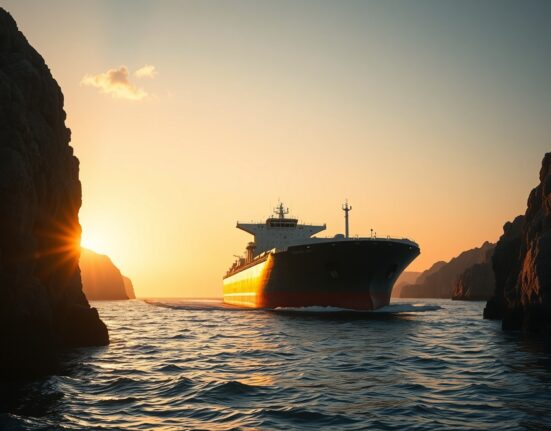 Oil tanker navigating the Strait of Hormuz at sunset, representing geopolitical supply risk