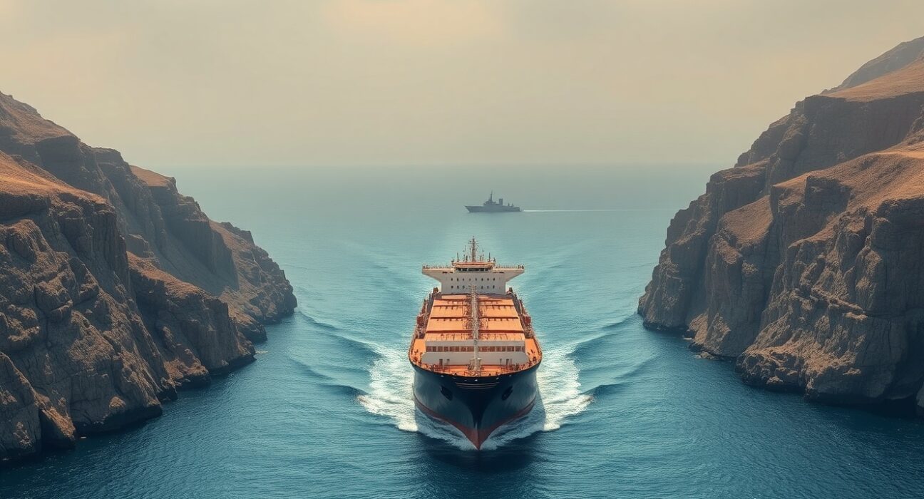 Oil tanker navigating the Strait of Hormuz under overcast sky, representing WTI price forecast and supply disruption risks.