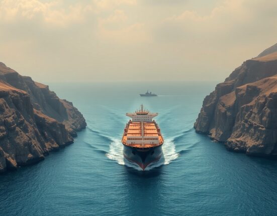 Oil tanker navigating the Strait of Hormuz under overcast sky, representing WTI price forecast and supply disruption risks.